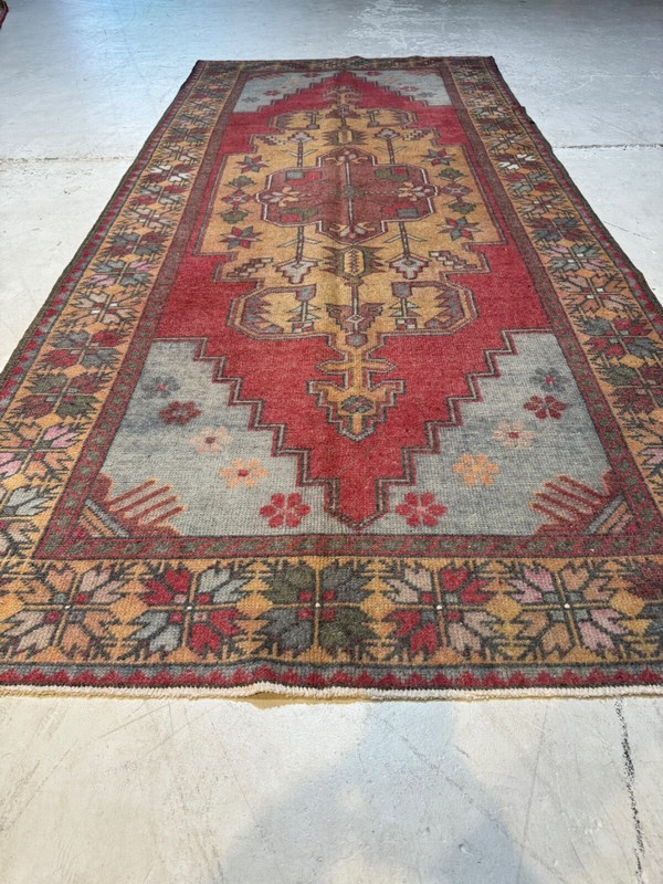 Oriental Hand-Knotted Wool Gallery Size Turkish Oushak Red/Blue 4'4" x 9'7" gallery