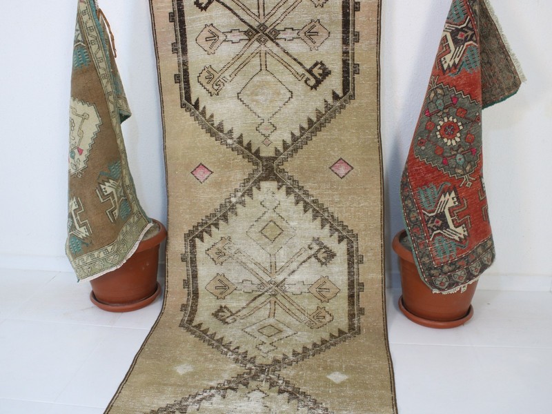 3x11 Ft Beige Runner Rug, Handmade Runner, Vintage Muted Hallway Rug, 2.8x11.1 gallery