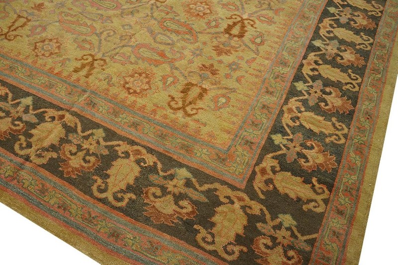 Antique Indian Amritsar Carpet 11'9"×19'6" Yellow Floral, Charcoal Border gallery