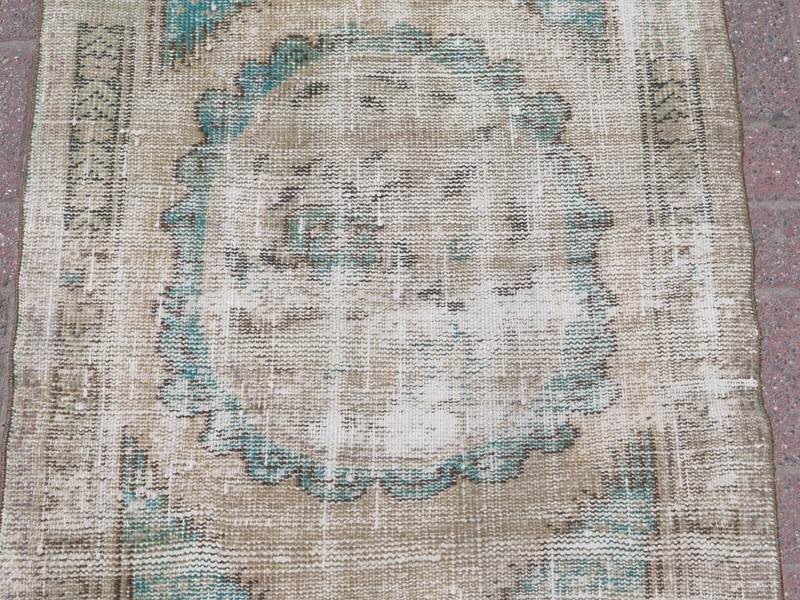 Small Vintage Turkish Distressed Carpet, Handwoven Beige Modern Door Mat 32"x46" gallery