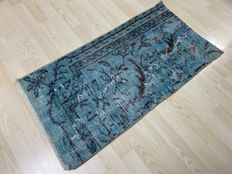 Vintage Anatolian Rug 1.6x3.1 ft Antique Teal Blue Distressed Wool Carpet Mat gallery