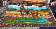 Vtg Cotton Tapestry Wall Hanger Elk Wildlife Mountain Scene ~ Made in Turkey