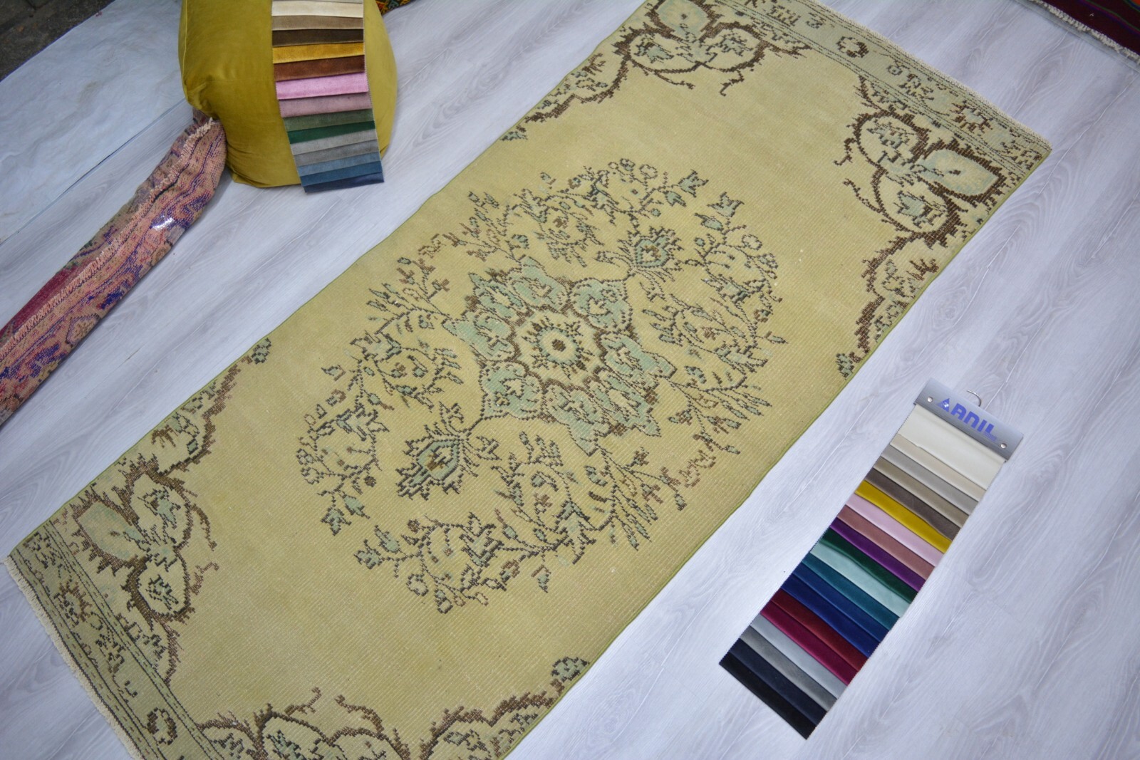 Beige Handmade Rug, 3.6x8.1ft, Vintage Turkish Bordered Rug, Floral Oushak Rug, gallery