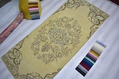 Beige Handmade Rug, 3.6×8.1ft, Vintage Turkish Bordered Rug, Floral Oushak Rug,