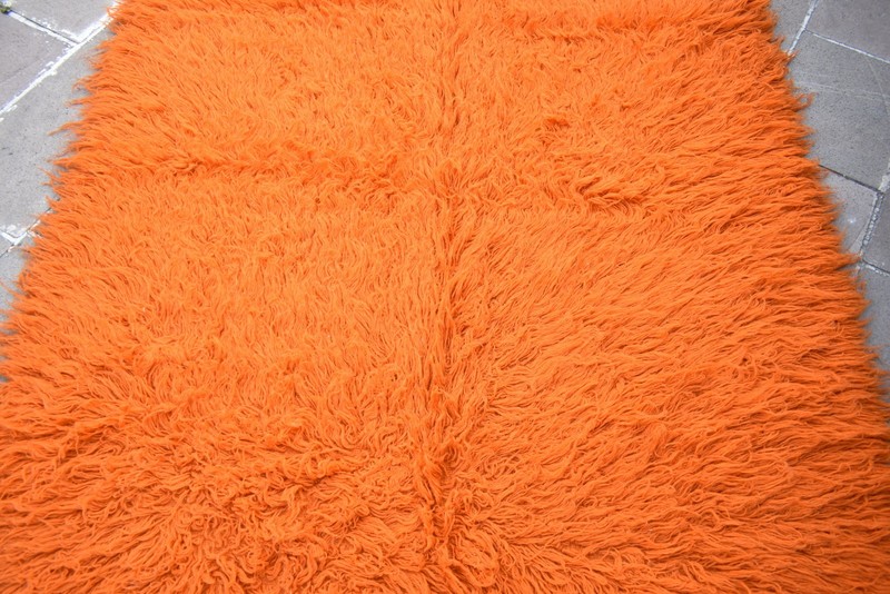 Vintage Turkish Shaggy Rug 62'' x 87'' Anatolian Long Pile Tulu Orange Wool Rug gallery
