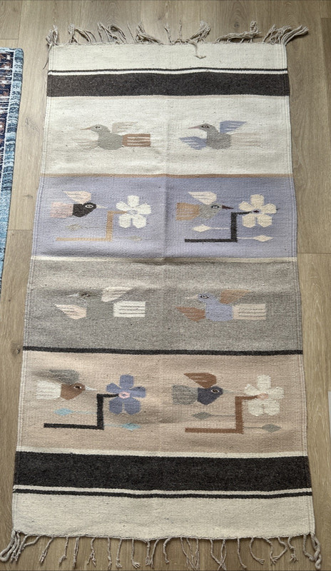 Vintage Mexico Zapotec Fringed Hand Woven Wool Rug Tapestry Flatweave Birds Folk gallery