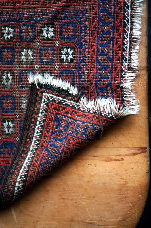 46" x 26" Afghan Balouch Hand-Knotted Tribal Rug ~ Red, Dark Blue, White, Brown gallery