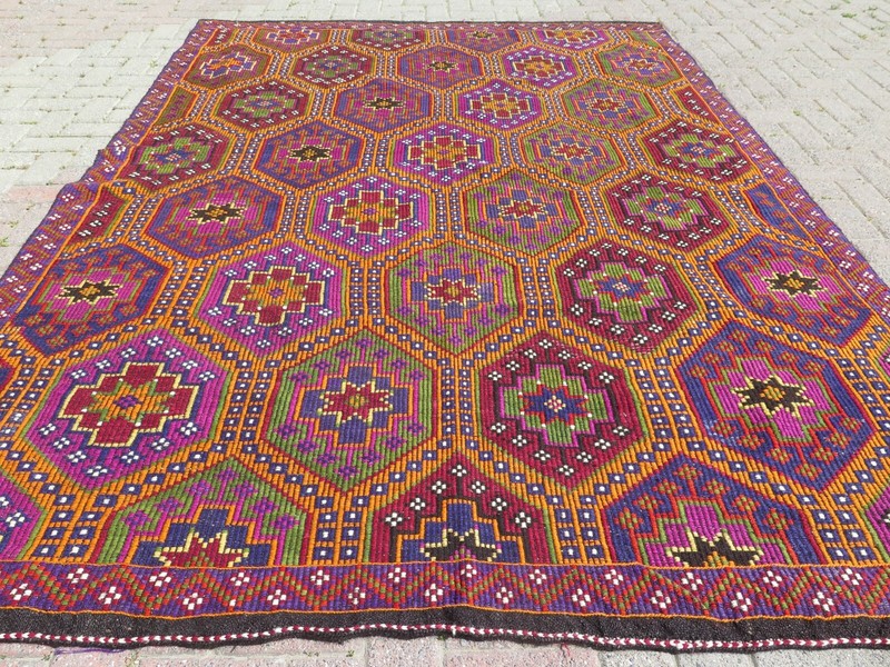 Boho Rug, Area Rugs, Turkish Kilim, Embroidery Rug, Handmade Wool Carpet77"x107" gallery
