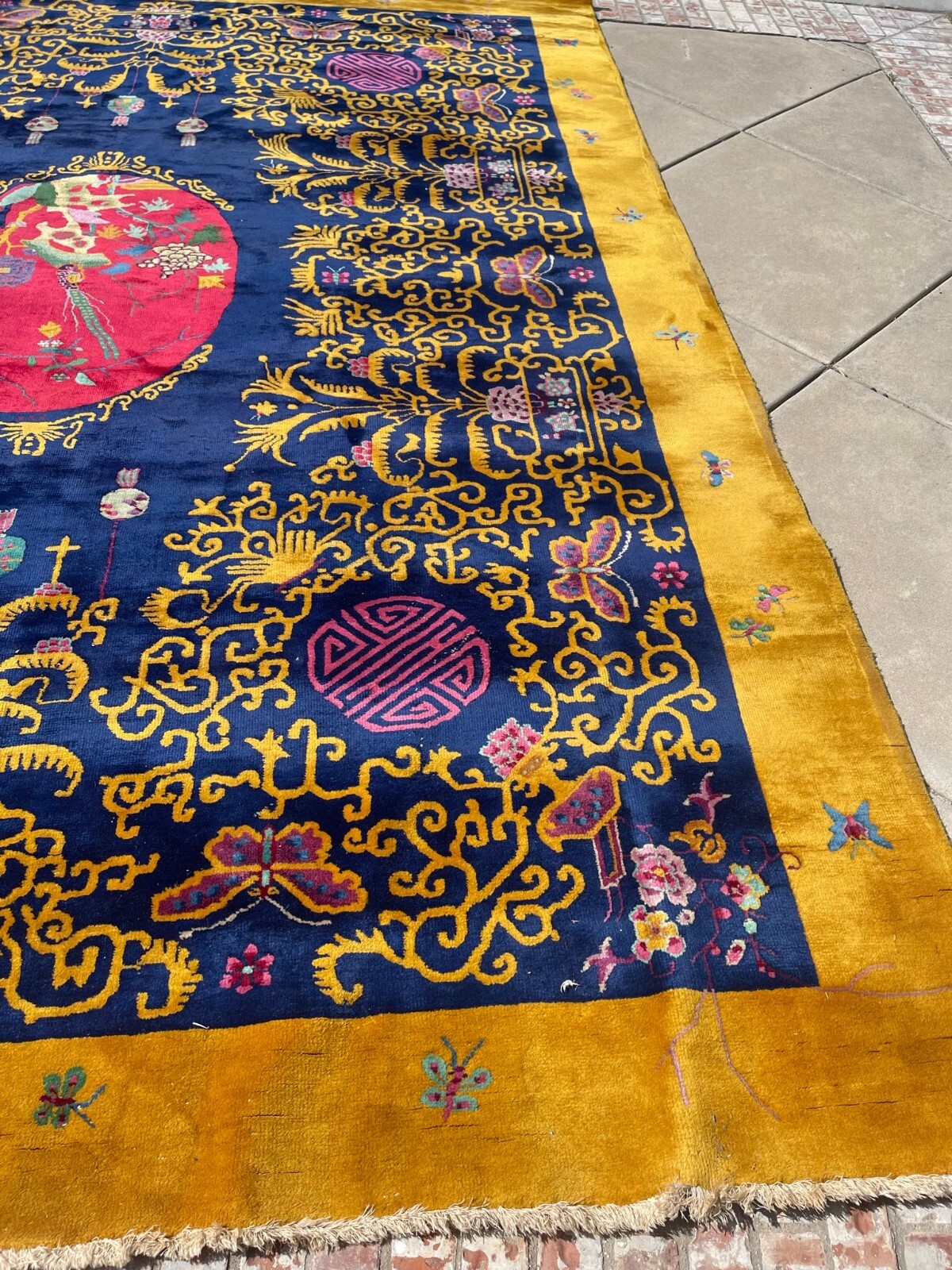 ANTIQUE CHINESE ART DECO RUG BLUE AND GOLD gallery