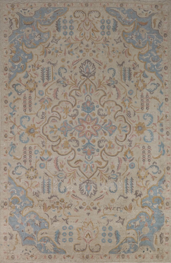 Muted Vintage Floral Wool Beige Tebriz Area Rug 7x11 Handmade Traditional Carpet