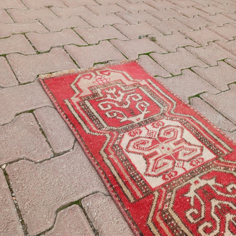 Red Beige 1x2 Vintage Turkish Wool Rug For Entryway Bedside - Tariff Free gallery