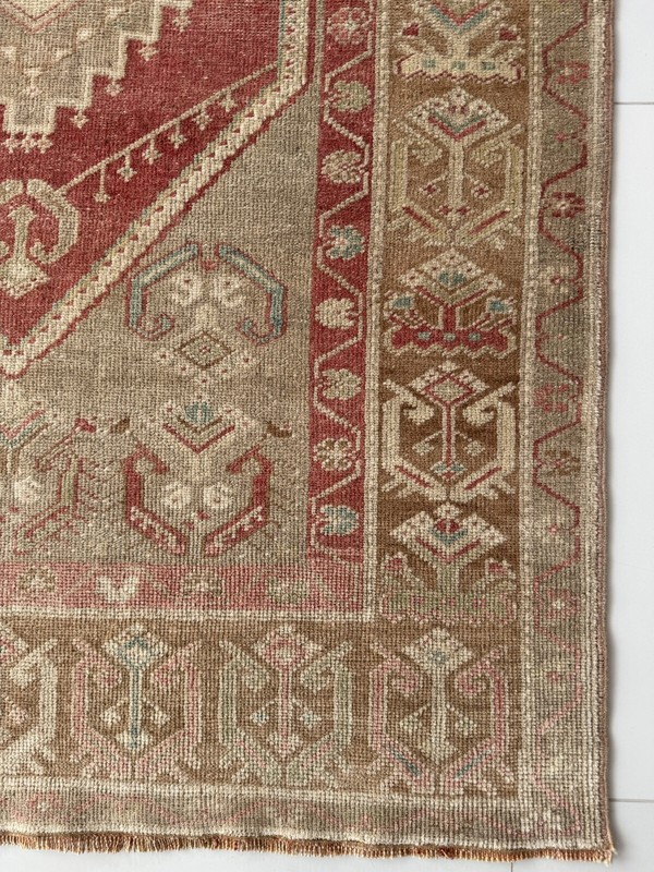 Vintage Hand Knotted Wool Oushak Rug, 3x6 Turkish Rug in Red Brown Beige Tones gallery