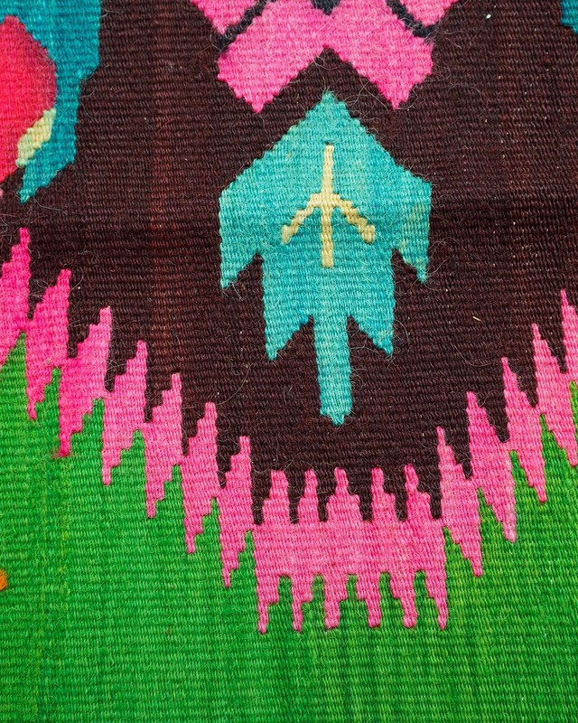 Oltenian Kilim Runner 100% Wool Geometric Green Pink Fuchsia 1970s Romania 15x6f gallery