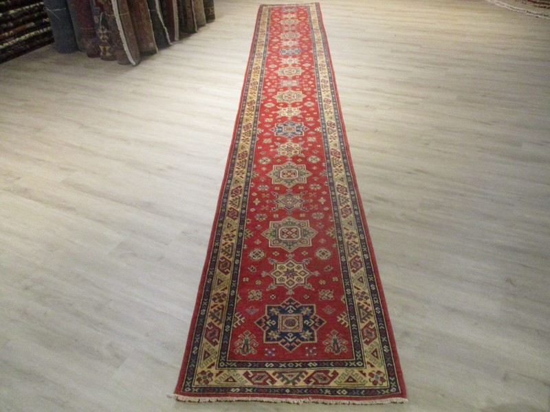 18' FEET RUNNER AFGHAN-REFUGEE Vegetable-Dye HANDMADE-KNOTTED WOOL RUG 586305 gallery