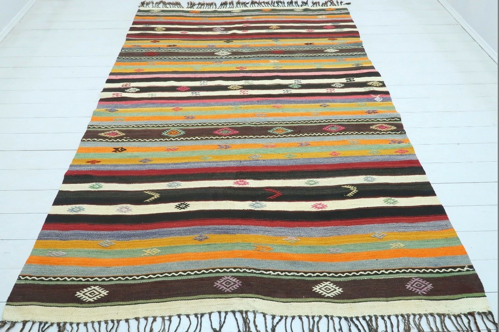 Vintage Turkish Kilim, Large Rug, Striped Rug, Teppiche 69"X99" Area Rug Carpet