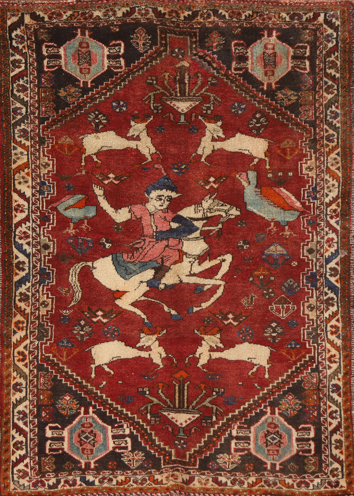 Hunting Design Handmade Traditional Rug 4x5 Ft Red Pictorial Oriental Wool Rug gallery