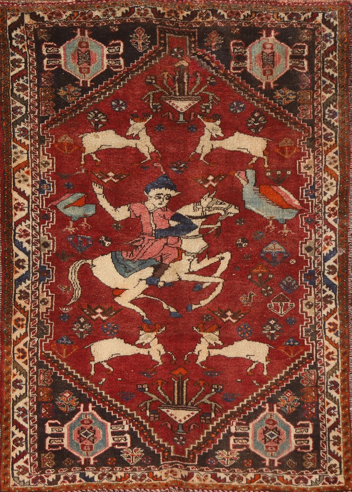 Hunting Design Handmade Traditional Rug 4x5 Ft Red Pictorial Oriental Wool Rug