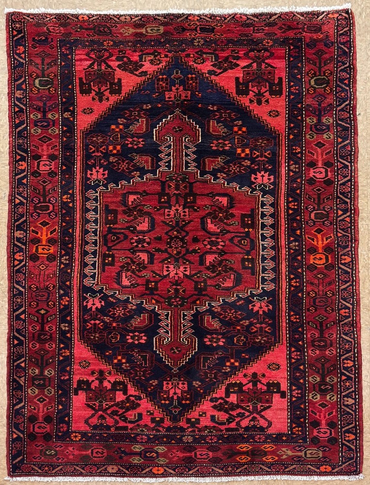 Hand Knotted Wool Area Rug 5x7 Zanjan Navy Blue Red Tribal Geometric Oriental
