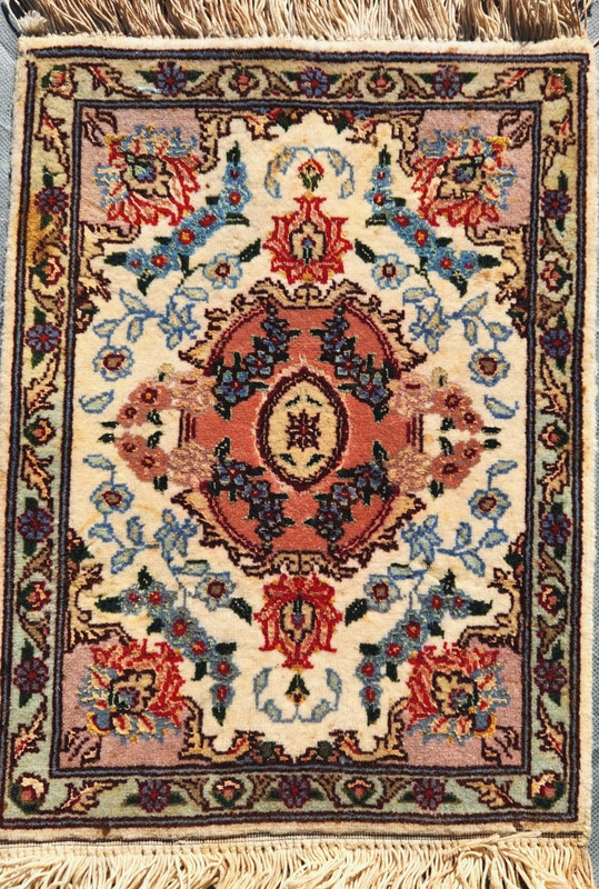 FINE HAND-KNOTTED TABRZI MAHI-QOOM-PERSAN SILK/WOOL RUG SMALL 16" x 12" INCH gallery
