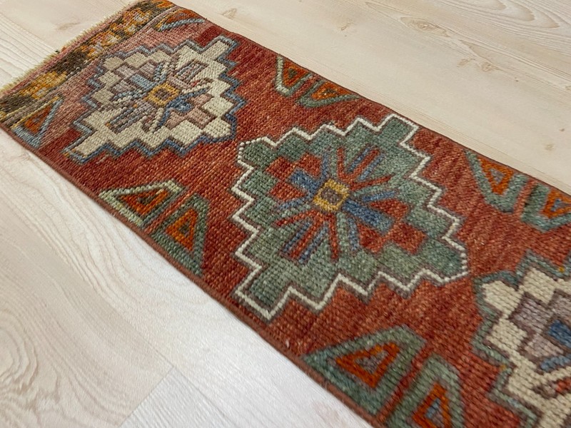 Vintage Turkish Small Rug Handwoven Geometric Wool Carpet 1x2.9 ft gallery