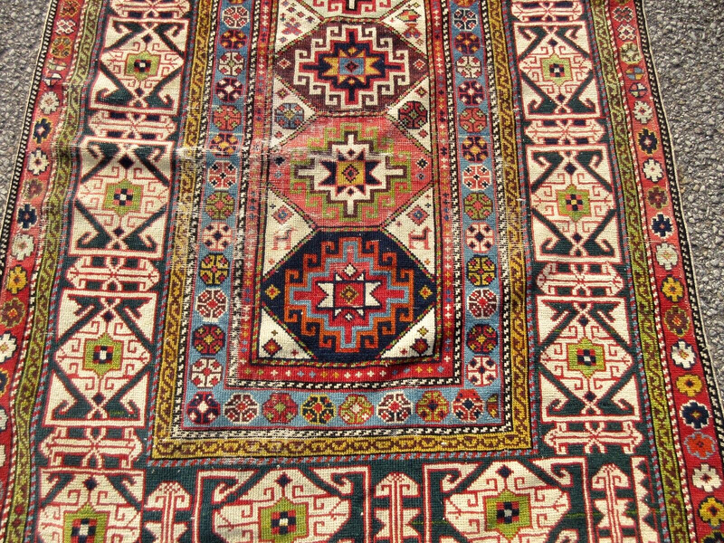 EARLY CIRCA 1880 ANTIQUE CAUCASIAN TRIBAL RUG W/ NATURAL DYES & WIDE BORDER gallery