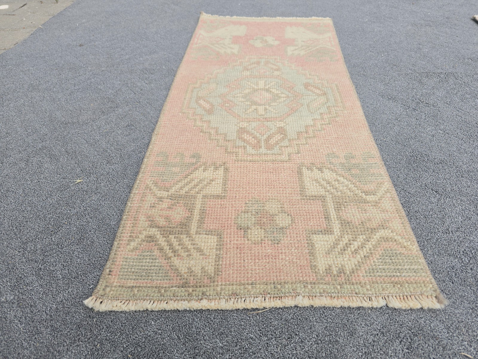 Vintage Turkish Oushak Rug 1.3x2.9 Hand Knotted Wool Pink Grey Tribal Boho gallery