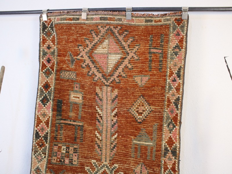 Vintage Hand Knotted Runner Rug Red Rust Tribal Geometric Distressed 3x8 ft gallery