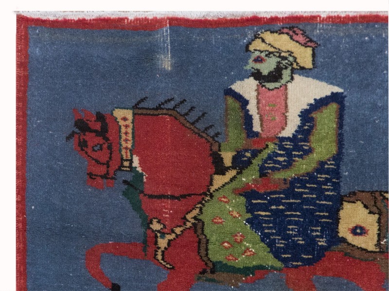 60+ Yr Old Vintage Turkish Rug | Figurative Horseman Decor | 74x90 cm, 2'5"x2'11 gallery