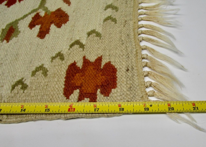 Vintage woven rug red orange floral tribal Kilim style small wall square 19" gallery