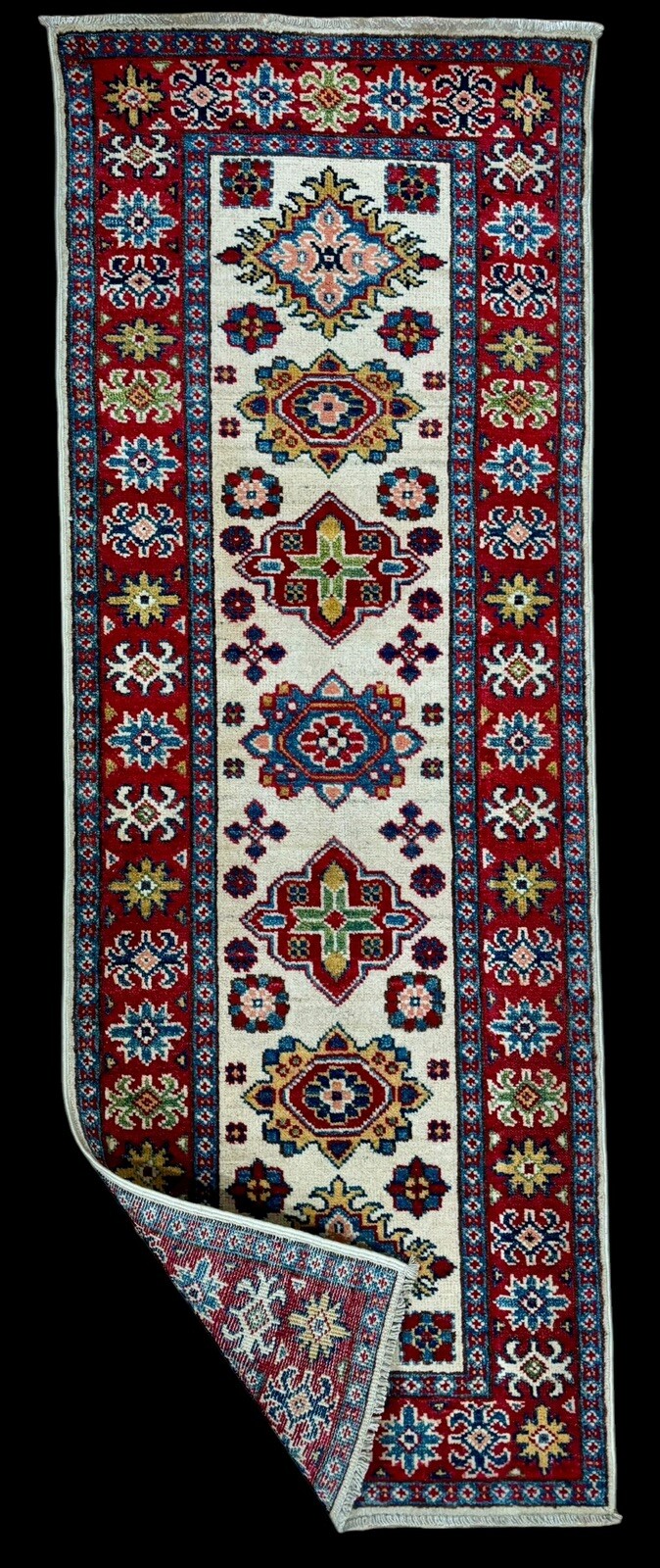 Brand New Colorful Tiny Runner Handmade Ivory Blue Red Geometric Wool Kazak 2x6 gallery