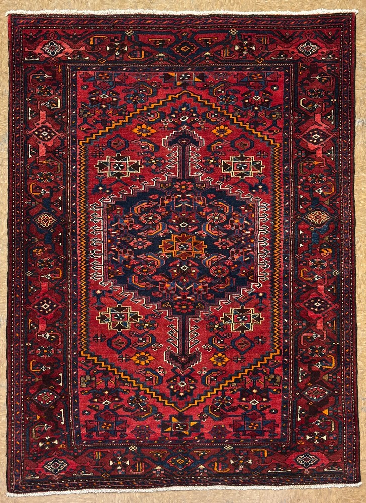 Vintage Zanjan Oriental Tribal Wool Area Rug Hand Knotted Geometric 4x6 Red Blue