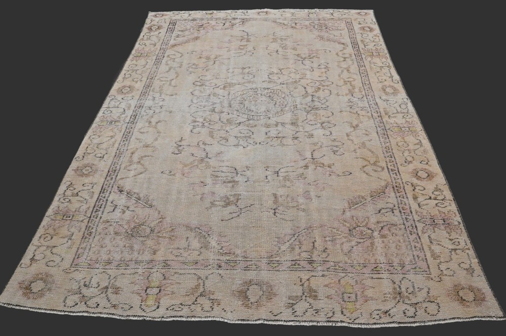 Vintage Turkish Oushak Rug, Beige 6x8 ft, Handmade Wool, Bohemian Anatolian