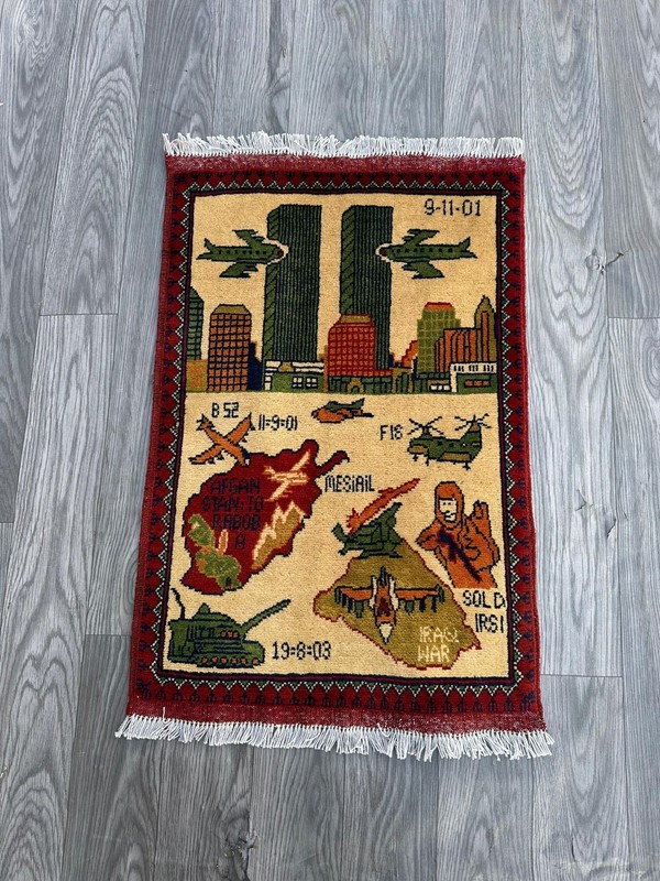 Afghan Handmade Wool Rug 9/11 War Rug Knotted Pictorial Hanging Wall Rug gallery