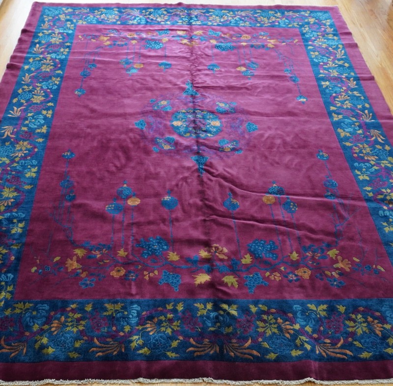 Antique Chinese Art Deco Peking Hand Knotted Wool Blue Red Oriental Rug 9'x11'6" gallery