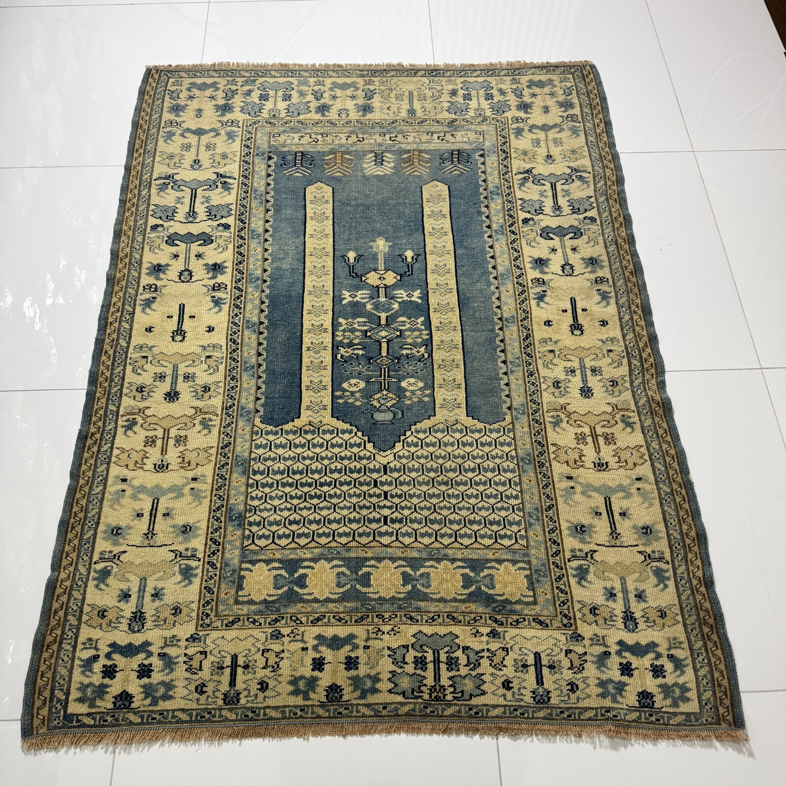 Vintage Hand Knotted Wool Oushak Rug, 4x5 Oriental Turkish in Blue Beige Tones gallery