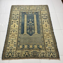 Vintage Hand Knotted Wool Oushak Rug, 4×5 Oriental Turkish in Blue Beige Tones