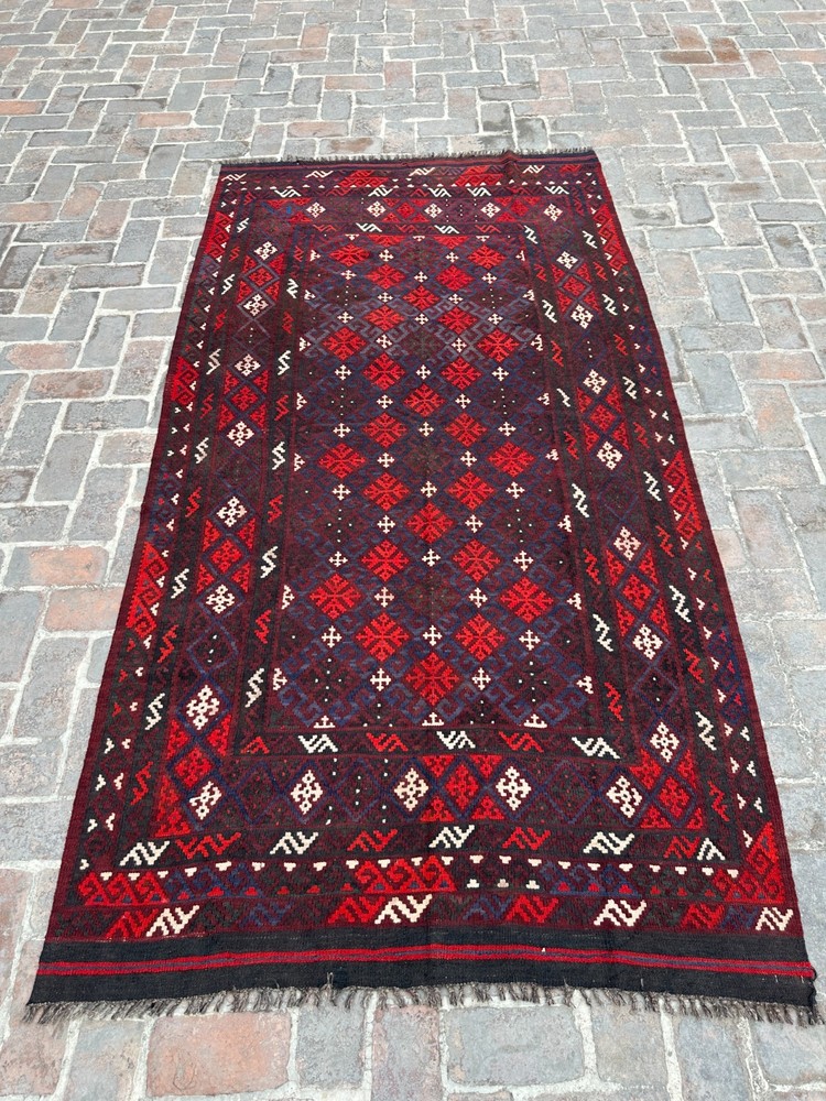 Red Afghan Kilim Rug 5'1x9'6 Handwoven Wool Tribal Geometric Flatweave Vintage
