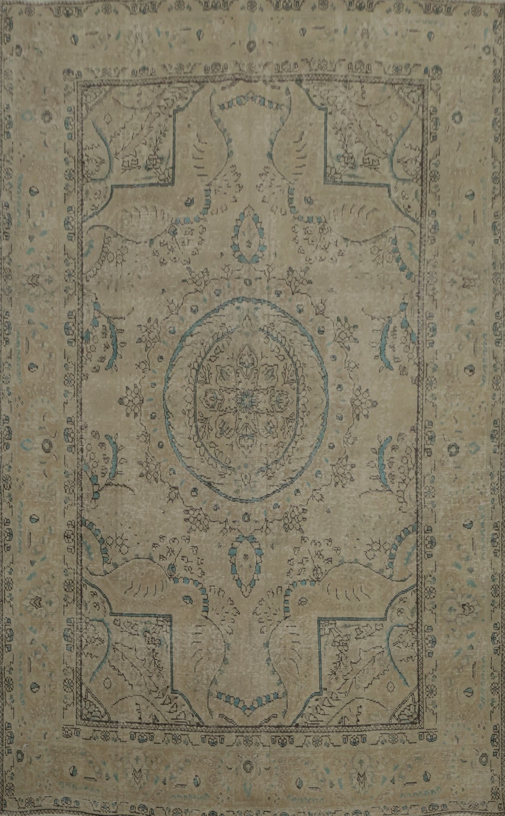 Heritage Inspired: Ornate Beige Rug with Subtle Blue Hues Handmade Carpet 7x10 gallery