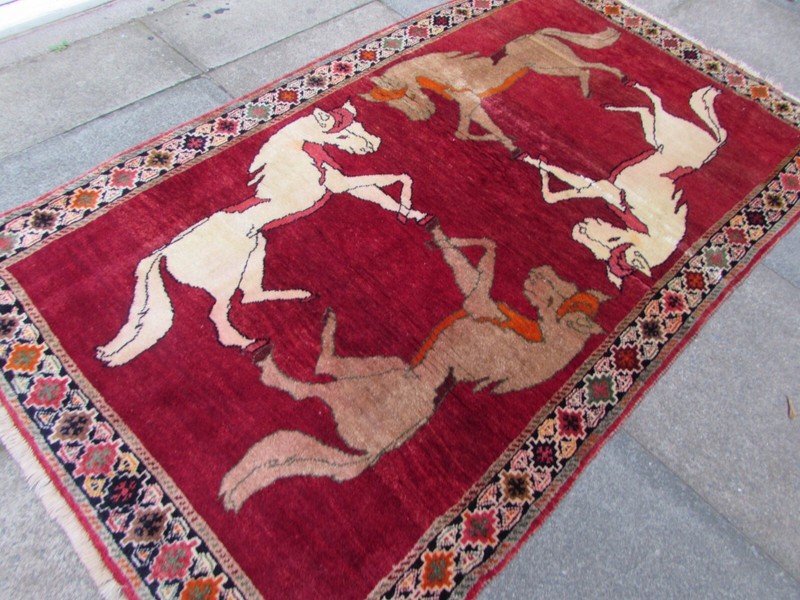 Vintage Traditional Hand Made Oriental Gabbe Wool Red Rug 201x111cm Horse Scene gallery