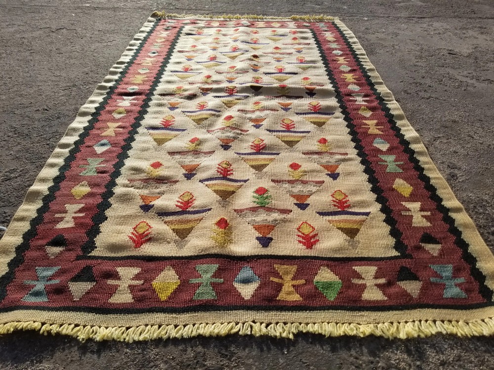 Vintage Traditional Handmade Oriental Wool Multicolor Kilim 3.7x2.1 ft