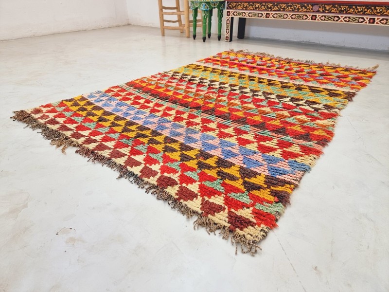 Moroccan Handmade Vintage Boucherouite Rug4'1x5'6 Berber Red & Yellow Cotton Rug gallery