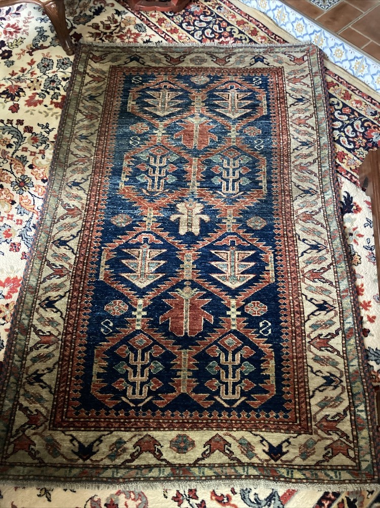 Heriz Style Hand Knotted Rug 40 X 63 Blue Rust Tan Beige Tribal