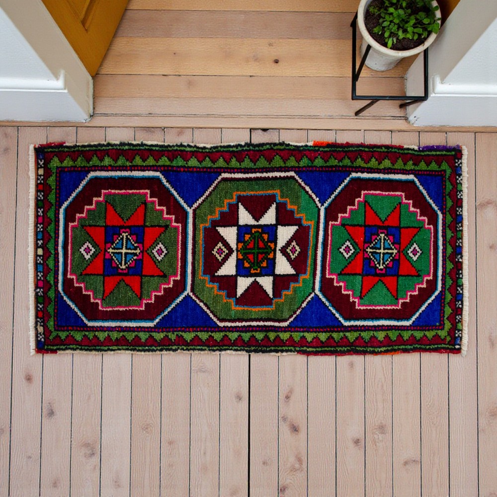 Door mat, Vintage Turkish Rug, Handmade Rug, Kitchen Rug, Small Rug 1x3 ft aproX