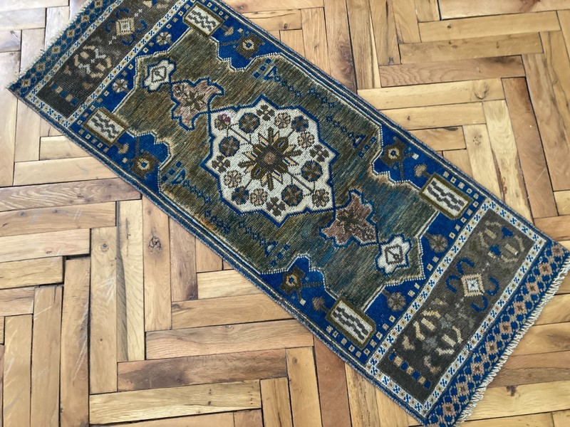 Entryway Wool Rug 1.4 x 3.6 ft Vintage Turkish Blue Brown Handwoven Carpet gallery