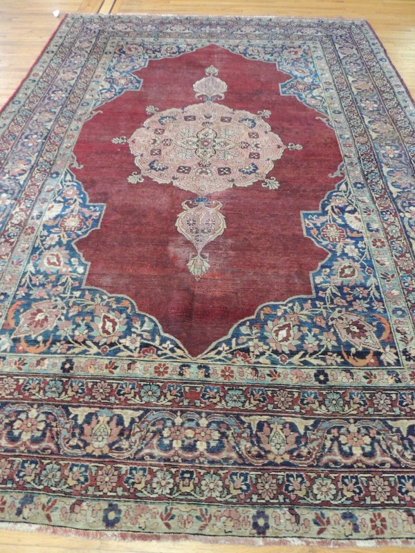 8x12, 9x12 Antique Kermaan wool Oriental Rug Rust Salmon Navy Blue/Green Worn gallery