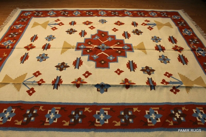 SOUTHWESTERN STYLE Handmade Wool rug 8x10 ft. BLUE BEIGE Orange Navajo Design gallery