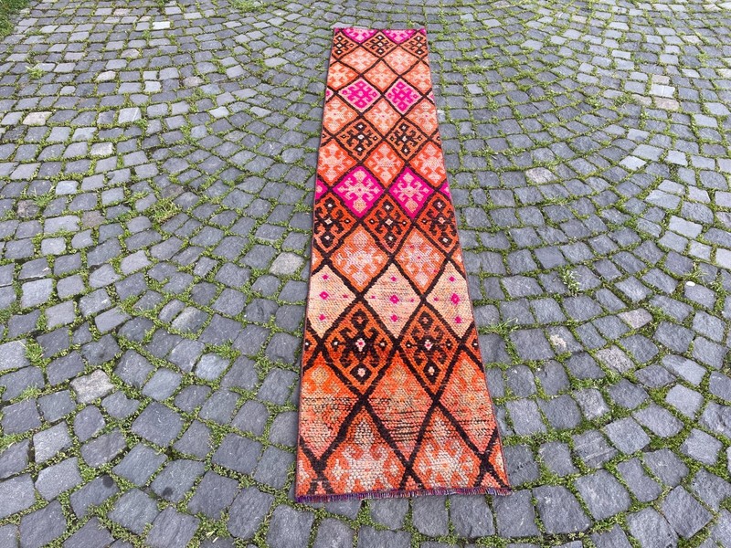 Bohemian Runner Rug, Turkish Vintage Rug, Handmade Wool Rug, 1,7 x 8,7 ft gallery