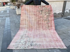 Vintage Turkish Oushak Rug 6×8 Hand-Knotted Muted Pink Beige Wool