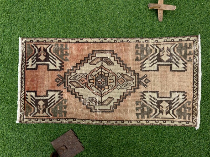 Hand-Woven Small Turkish Carpet 1x3 Pale Orange Wool Geometric Tiny Rug Muted gallery