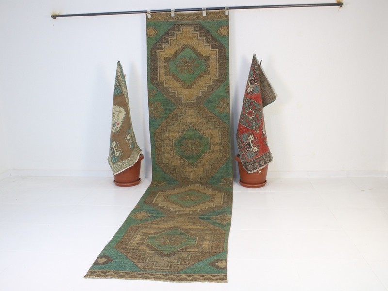 Extra Long Vintage Runner Rug , Green Beige Distressed Wool Hallway 3x12 ft gallery